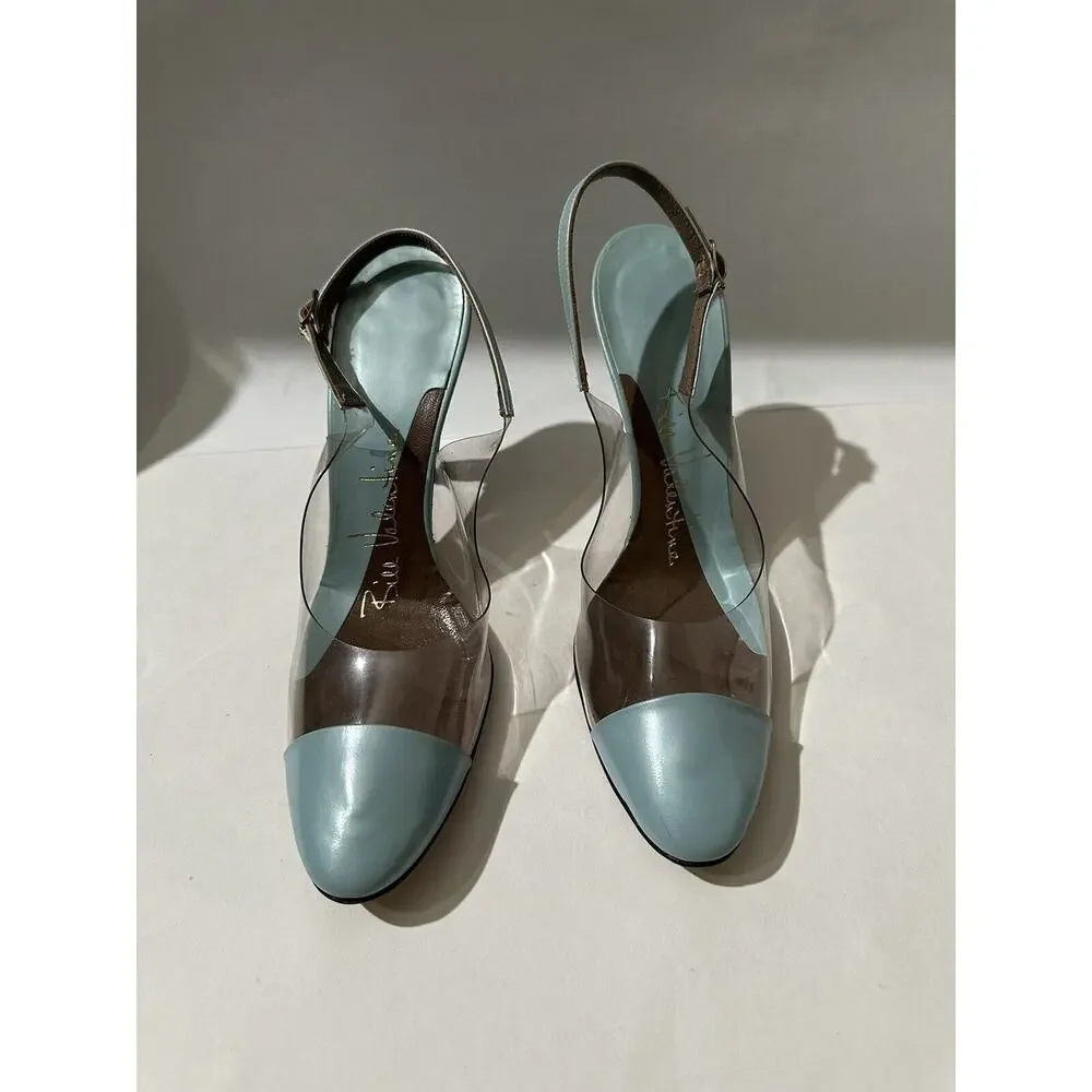 Bill Valentine Leather Turquoise Clear Sling Back Heel Sandals‎ Shoes Size 7